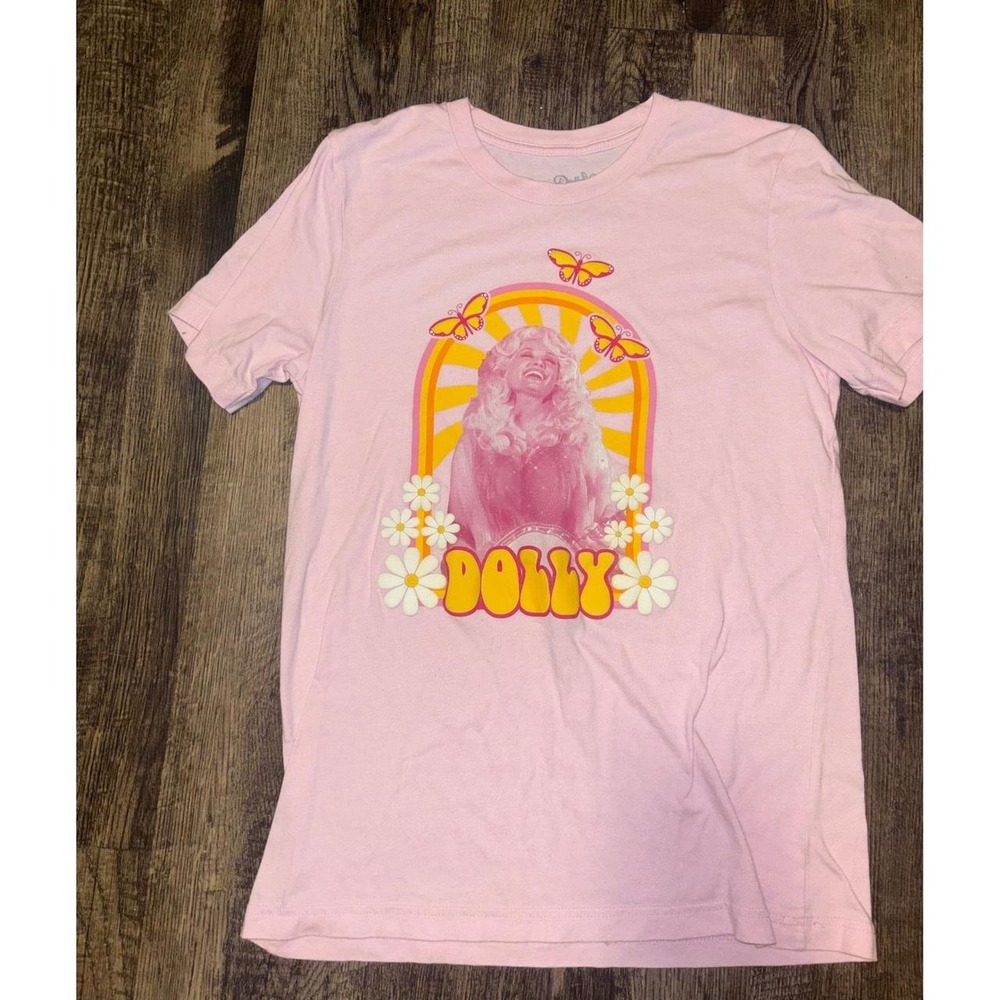 Dollywood Dolly Parton Graphic Tee Pink Retro Rainbow Butterfly Shirt Medium